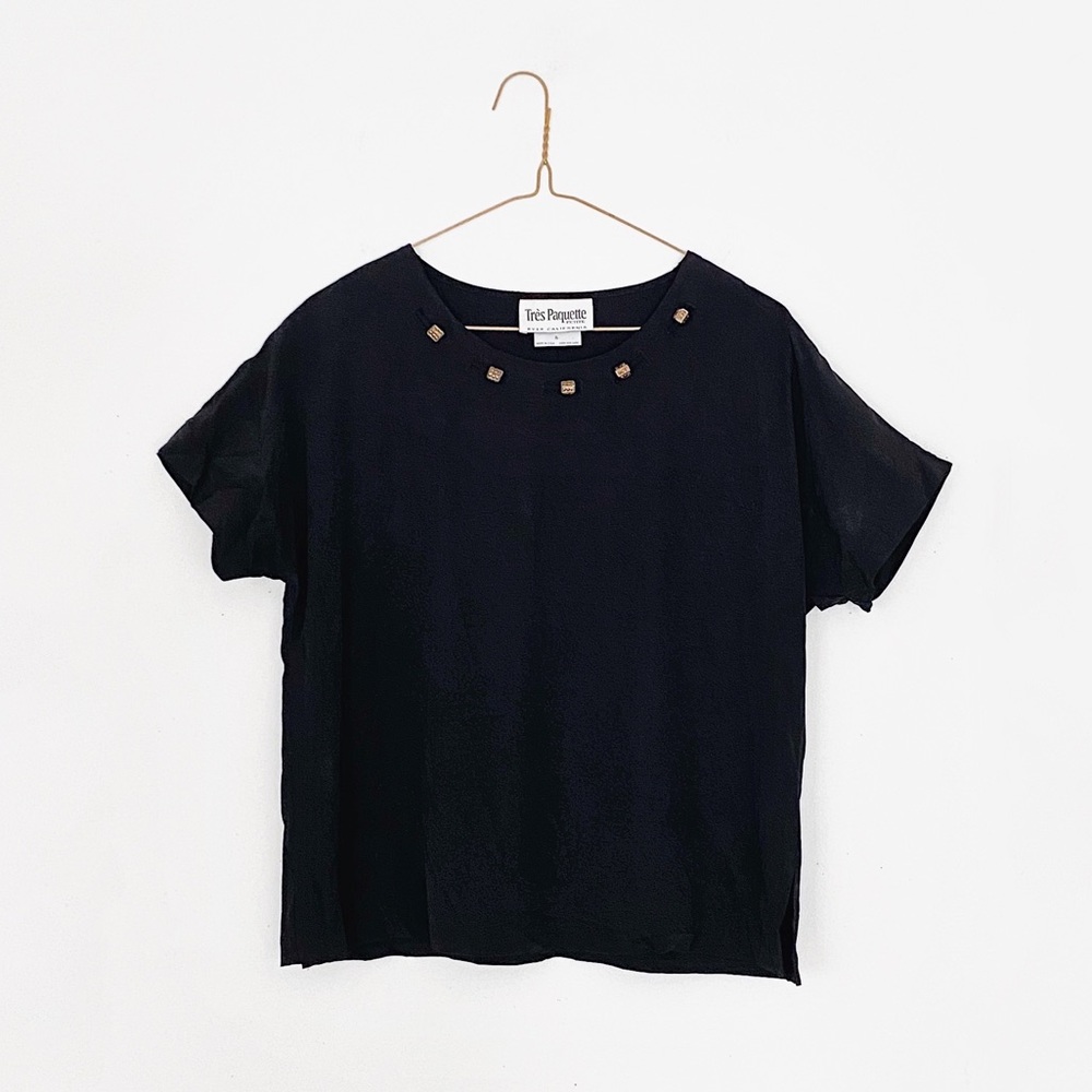 vintage 80s black blouse with gold bead details - small